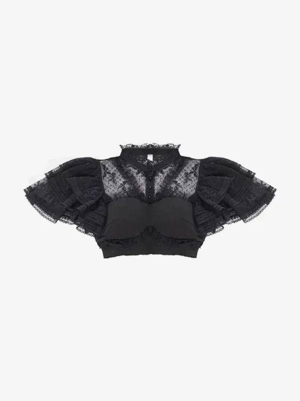 Gothic Lolita Blouses Lolita Top Black Short Sleeves Ruffles Lace Tops